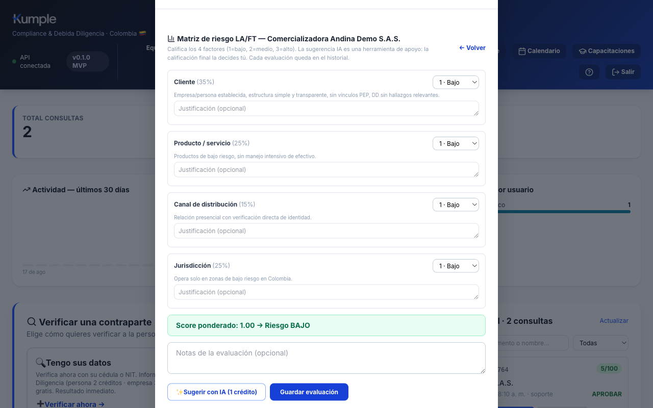 Matriz de riesgo LA/FT de un cliente en Kumple con los 4 factores y la sugerencia de la IA