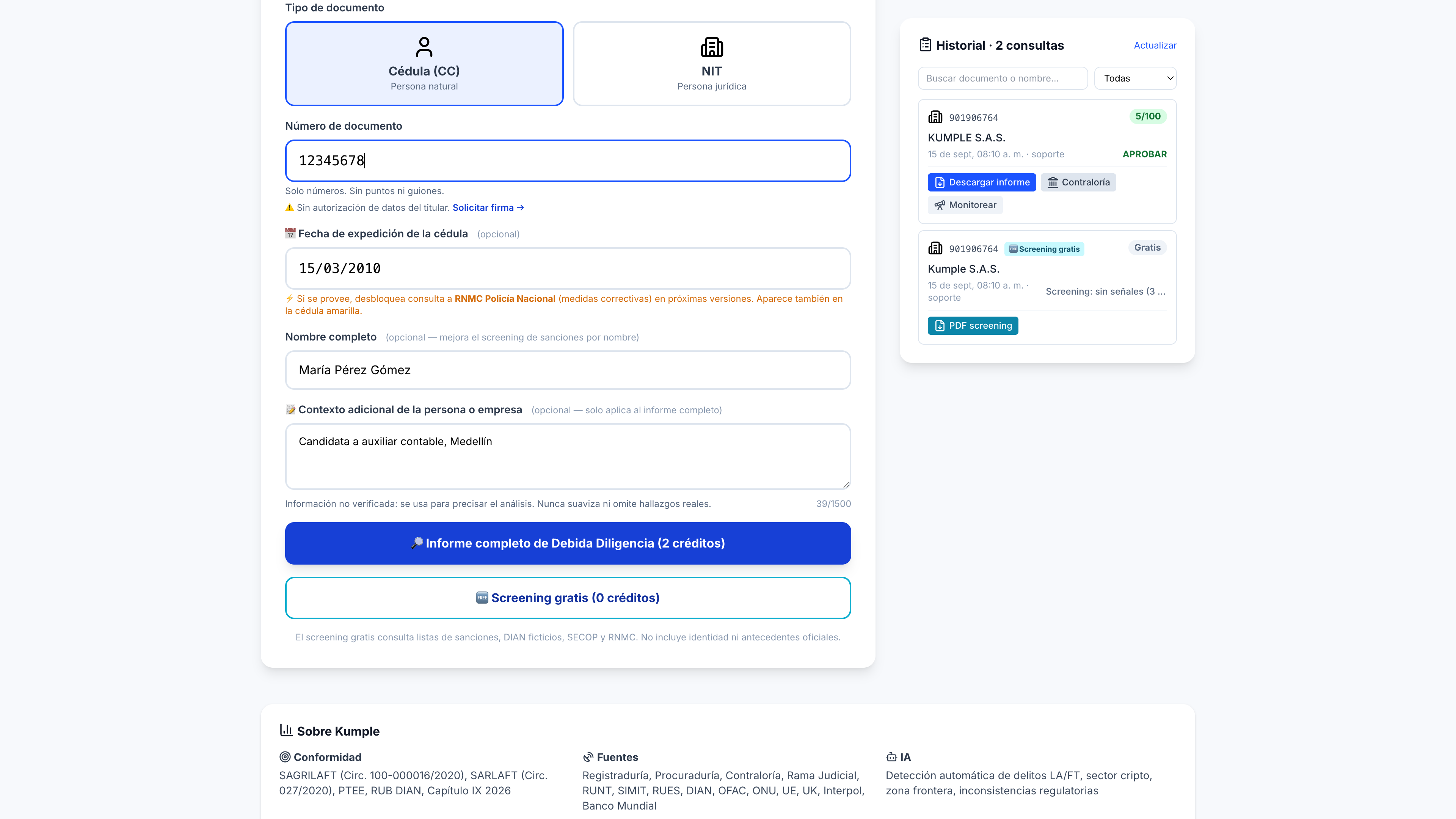 Formulario de verificación de persona en Kumple con cédula, fecha de expedición, nombre y contexto