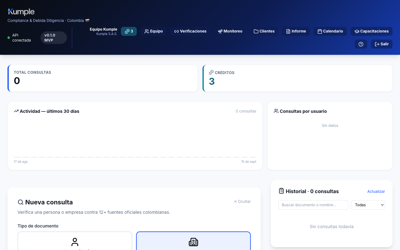 Formulario de verificación de empresa en Kumple con el NIT y el contexto adicional diligenciados