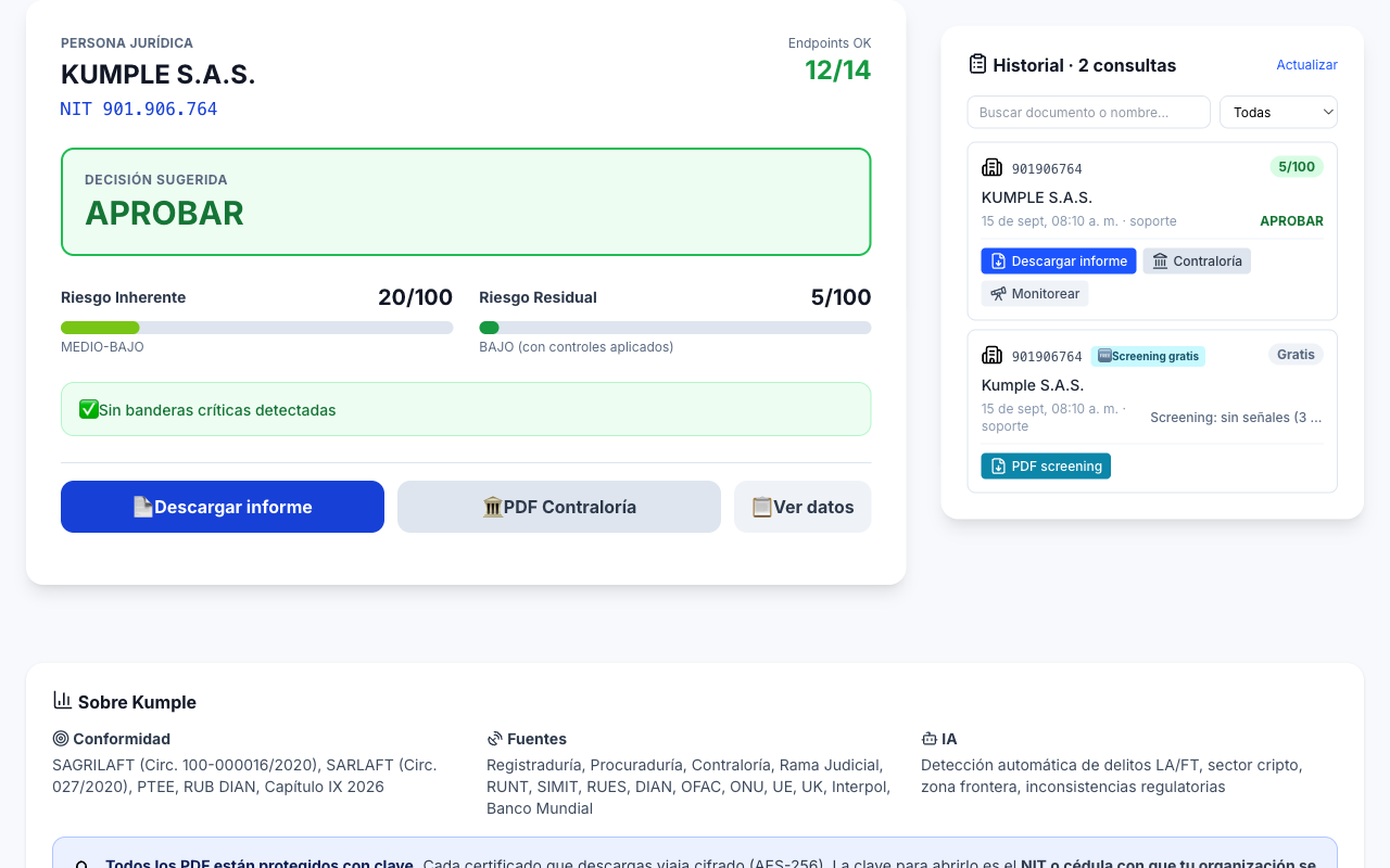 Resultado de verificación en Kumple con el botón Descargar informe ya disponible