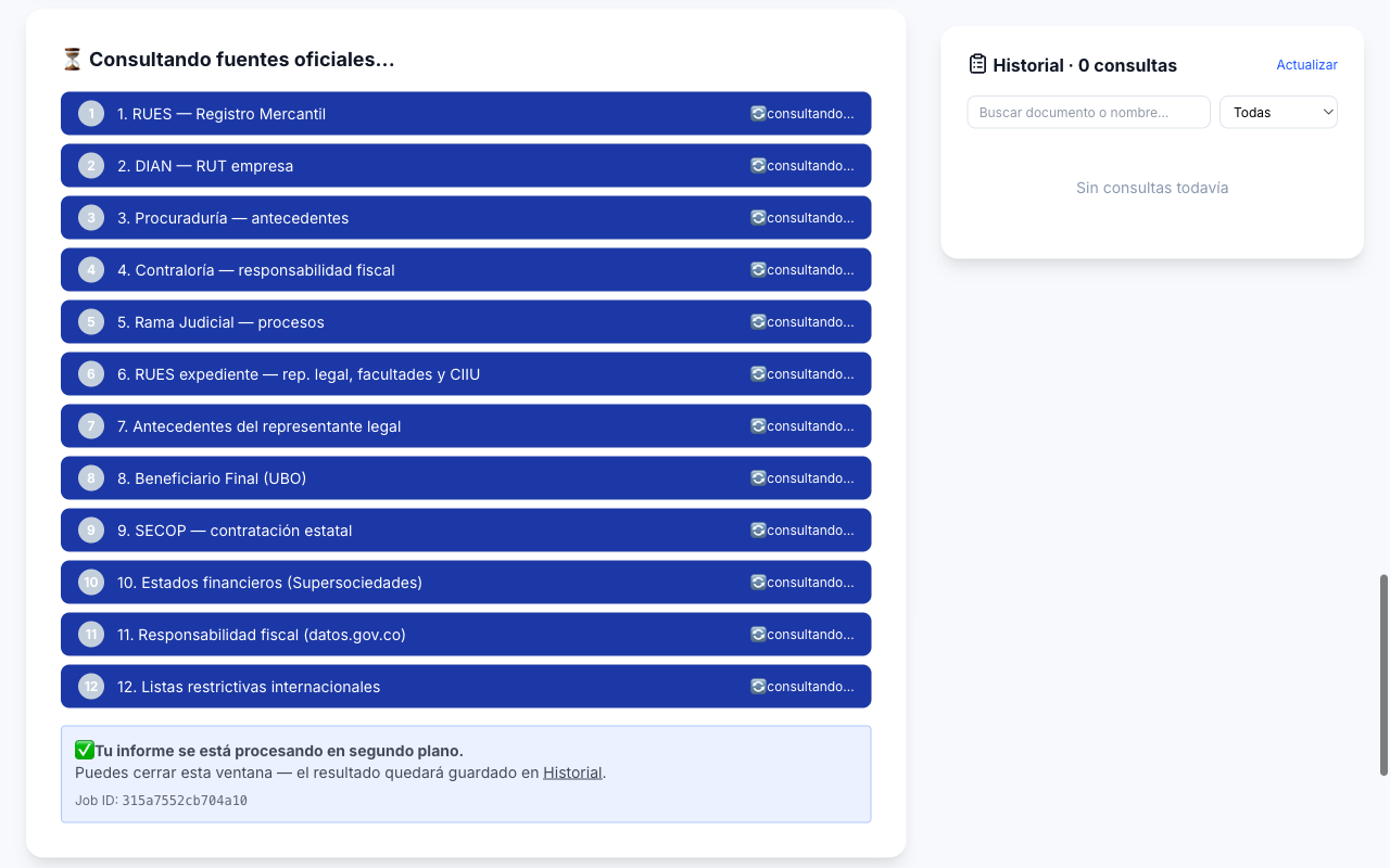 Pantalla de progreso de la verificación de empresa en Kumple consultando cada fuente