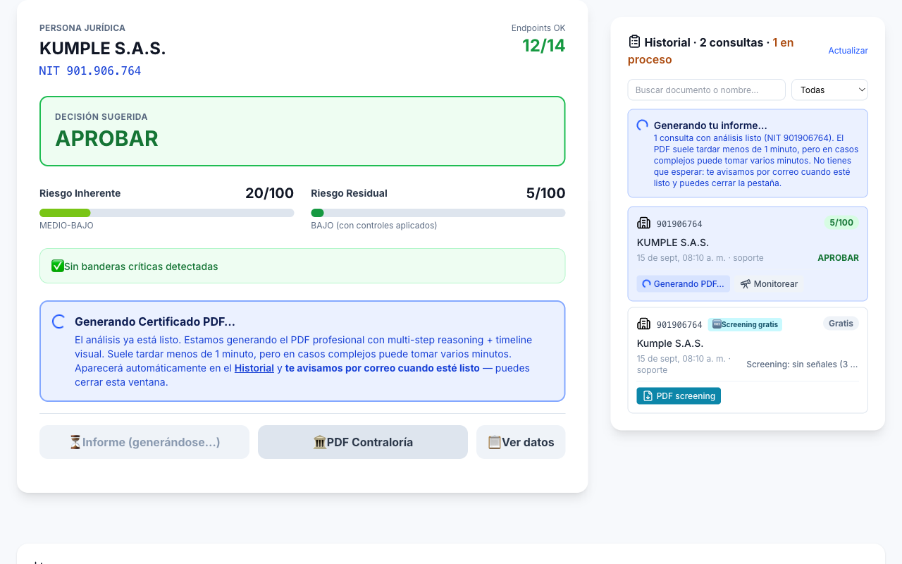 Resultado de la verificación de Kumple S.A.S.: decisión sugerida Aprobar, riesgo inherente 20/100, riesgo residual 5/100