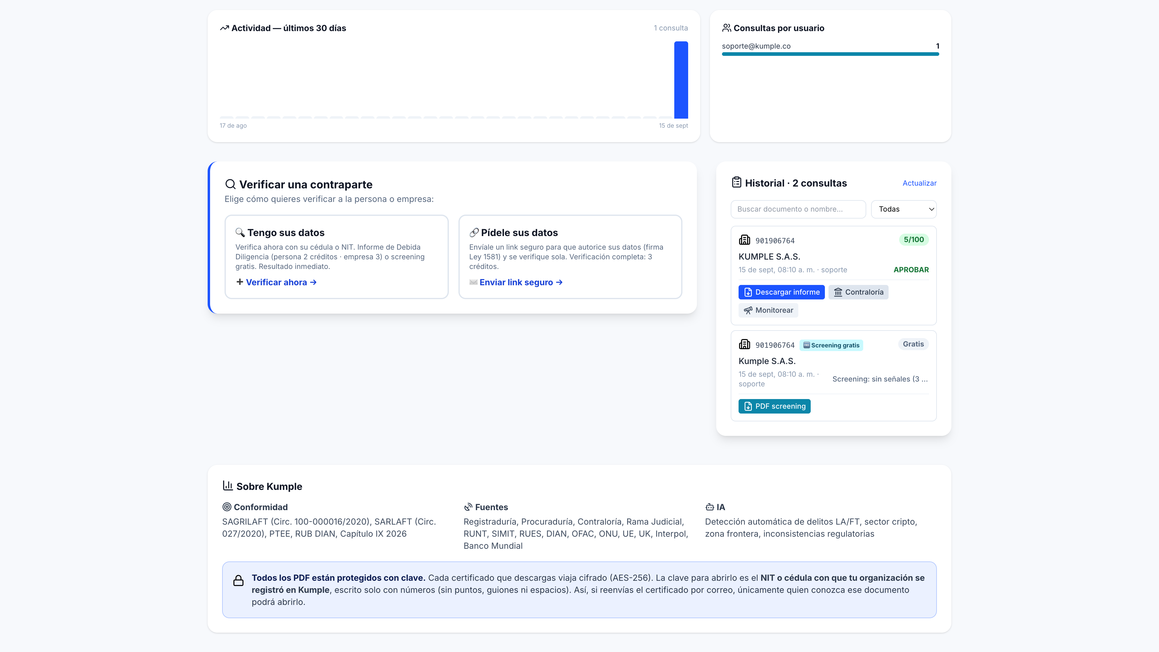 Historial de consultas en Kumple con la verificación completa y el screening de un NIT, y sus botones de PDF