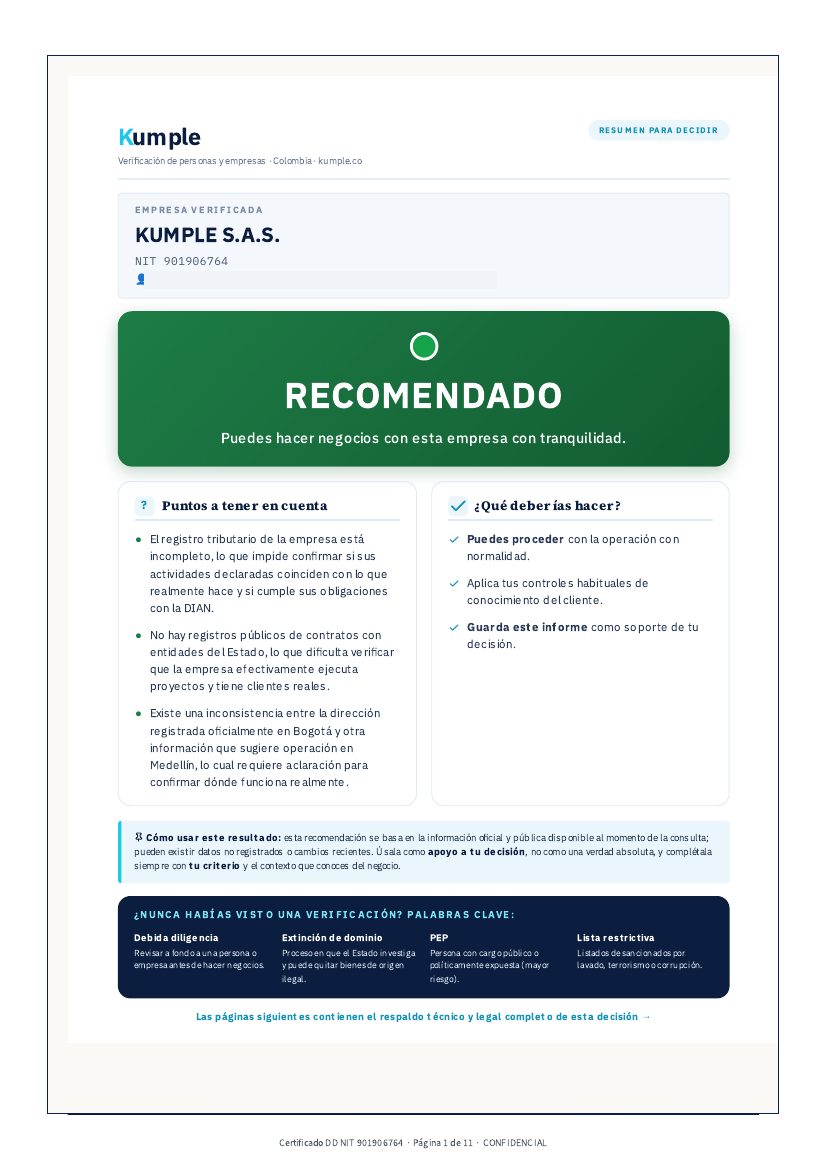 Página 1 del informe de Kumple: veredicto RECOMENDADO en verde con puntos a tener en cuenta y acciones sugeridas