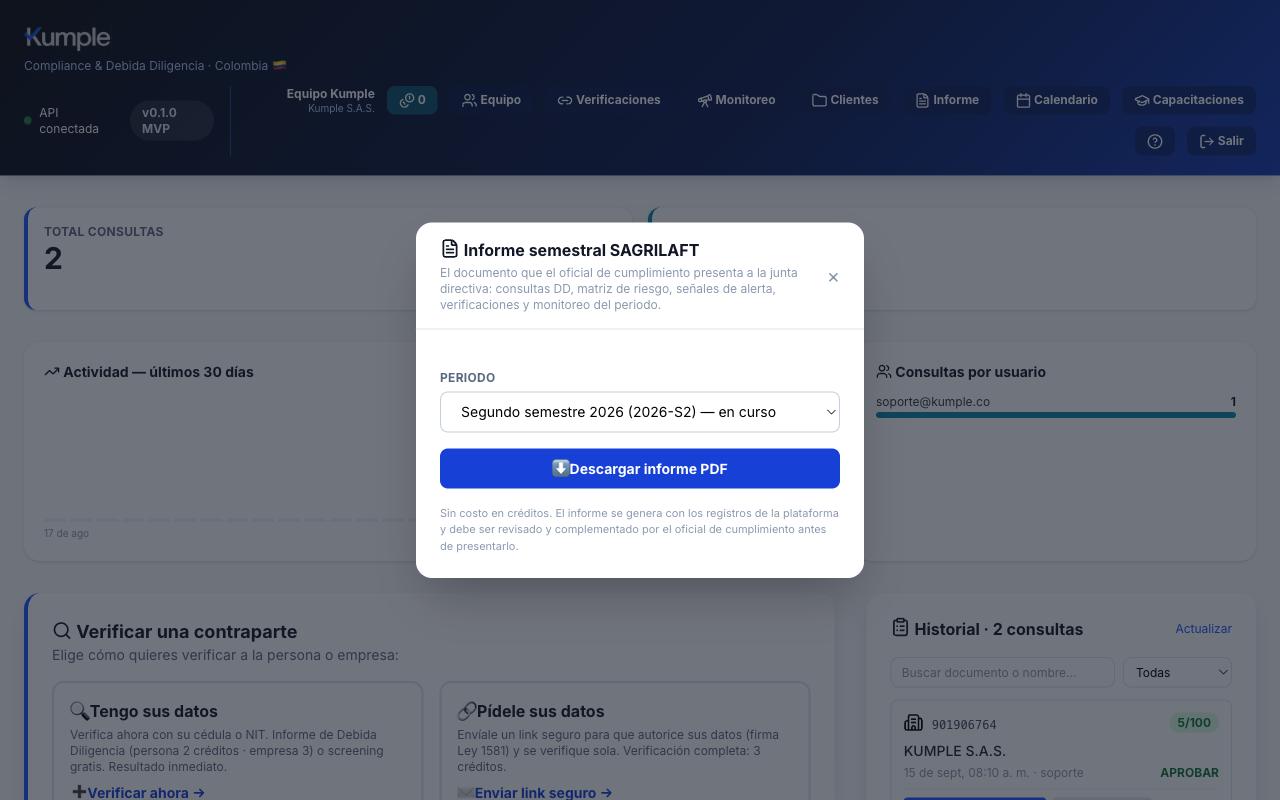 Módulo del informe semestral SAGRILAFT en Kumple con el selector de periodo y el botón de descarga