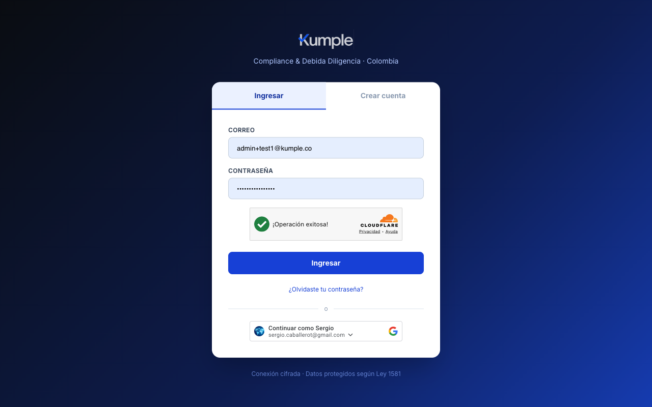 Pantalla de inicio de sesión de Kumple con las opciones de correo y Google