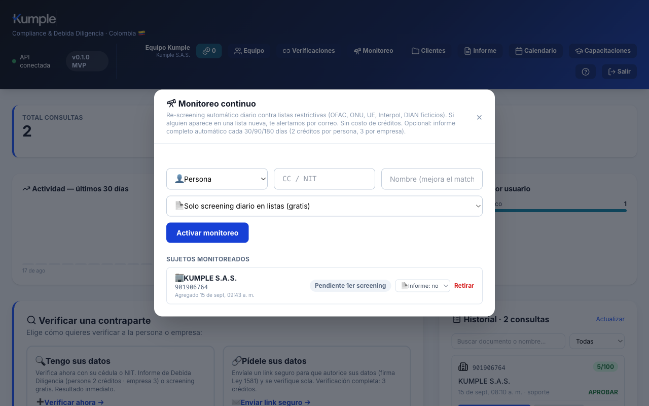 Módulo de monitoreo continuo de Kumple con un sujeto monitoreado y las opciones de re-informe automático
