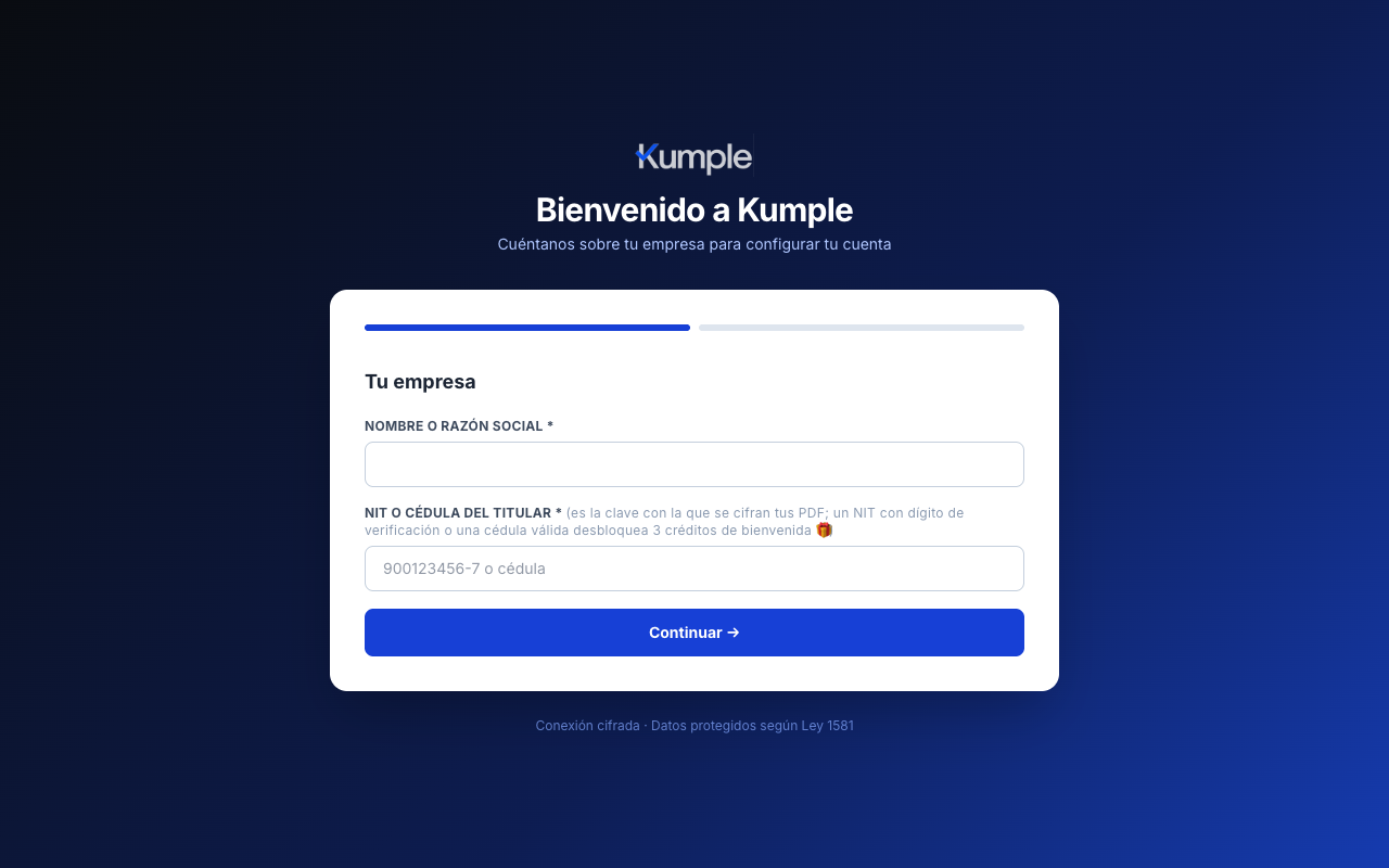 Formulario de bienvenida de Kumple pidiendo razón social y NIT de la empresa