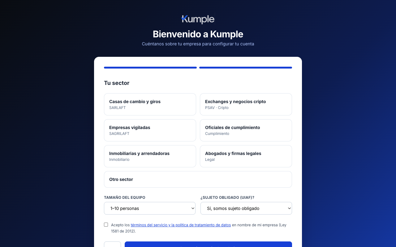 Selección de sector en el registro de Kumple con las opciones de cumplimiento