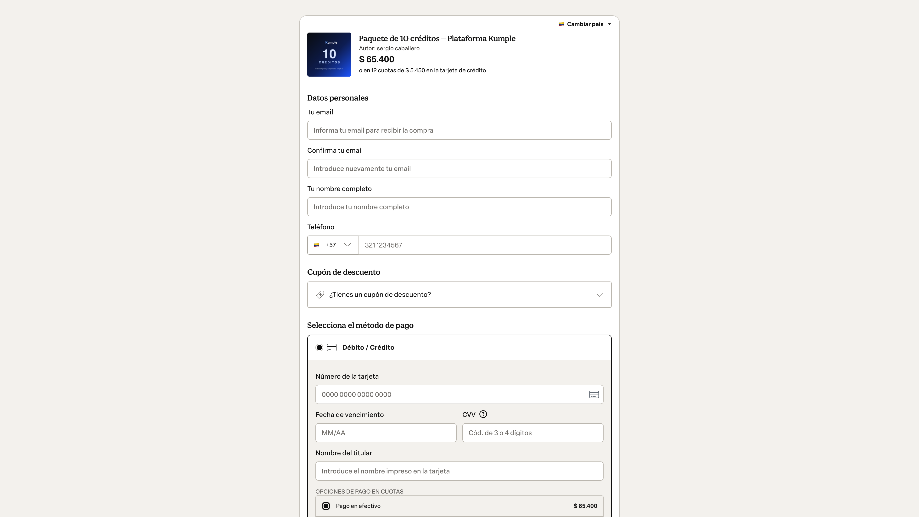 Checkout de Hotmart para recargar créditos de Kumple con tarjeta, PSE, Nequi o Efecty