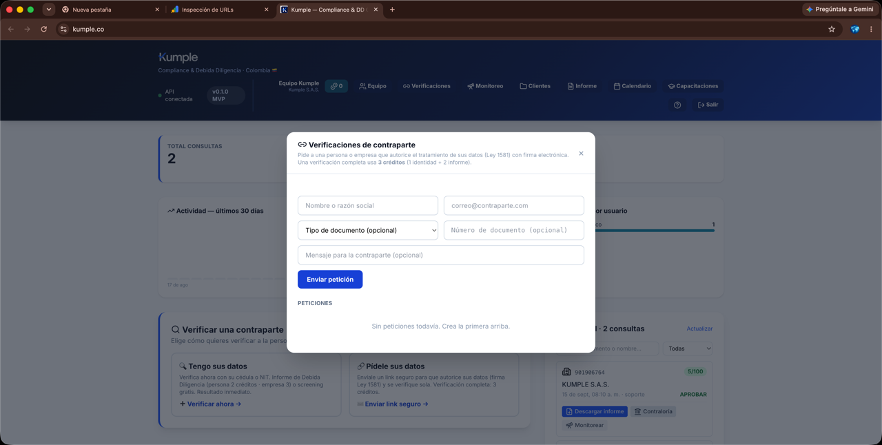 Panel de Verificaciones en Kumple con el formulario para enviar un link seguro a la contraparte